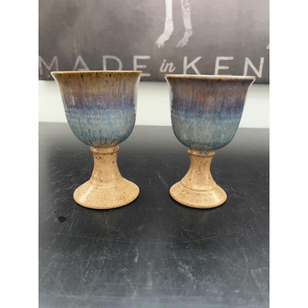 Vintage Stoneware Wine Goblets (2) Blue Ombre Glaze